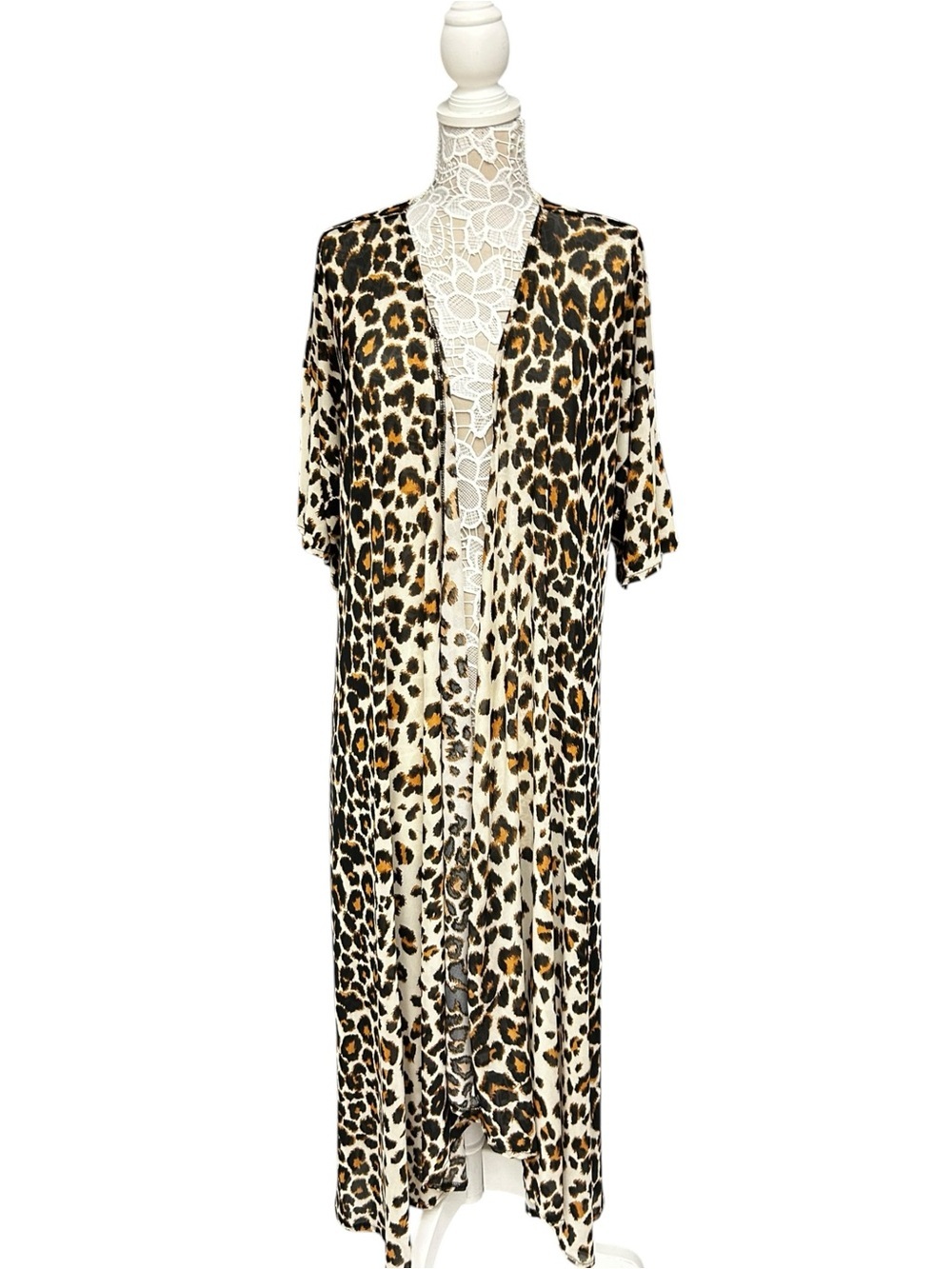 Turquoise Haven Leopard Print Open Front Duster Cardigan One Size - Picture 9 of 9